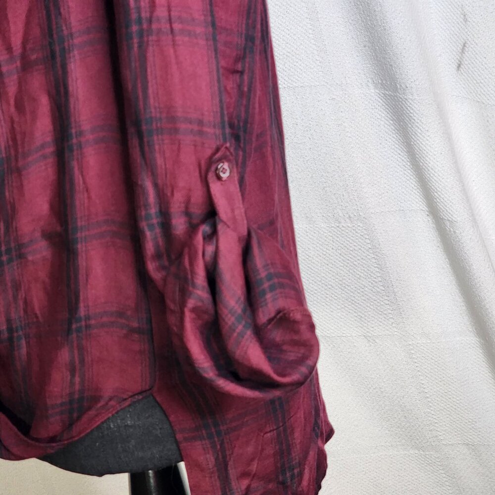A.N.A. A New Approach Wine Black Plaid Long Tab Sleeve Button Up Faux Wrap Top S - Picture 10 of 16